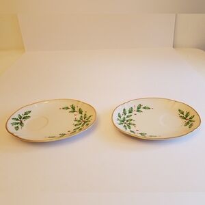 Set of 2 Lenox Holly Dessert Oval  Plates Holiday Dimension Collection